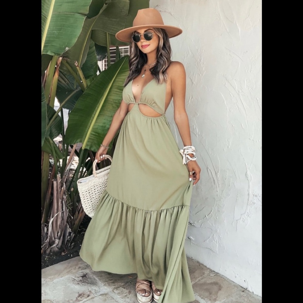 VEERA POCKETED CUTOUT MAXI DRESS - OLIVE SZ Medium